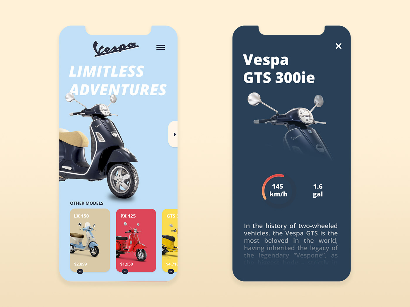 Vespa Store Mobile App UI